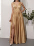 Golden A Line V Neck Satin Slit Prom Dress LBQ4002